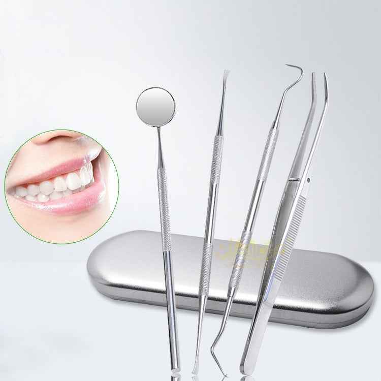 4 in 1 Dental Tool Set (Stainless Steel Probe + Hoe-shaped Dentist + Dental Tweezers + Mouth Mirror)