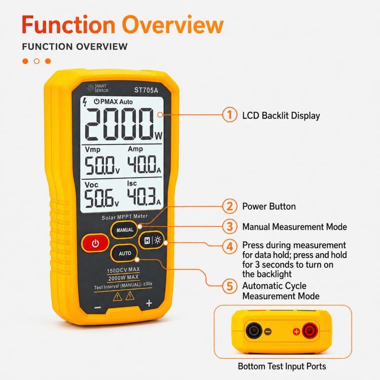 SMART SENSOR ST705 1000W Solar Panel Tester Meter MPPT Photovoltaic Multimeter, ST705
