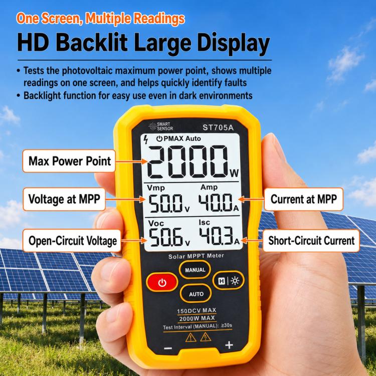 SMART SENSOR ST705A 2000W Solar Panel Tester Meter MPPT Photovoltaic Multimeter, ST705A