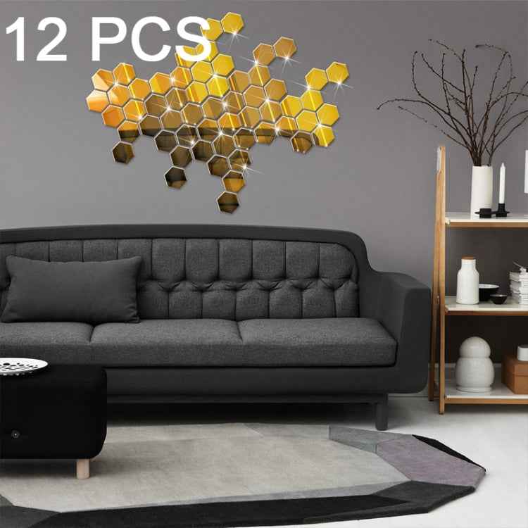 12 PCS 3D Hexagonal Mirror Wall Stickers Set, Size: 4*4cm