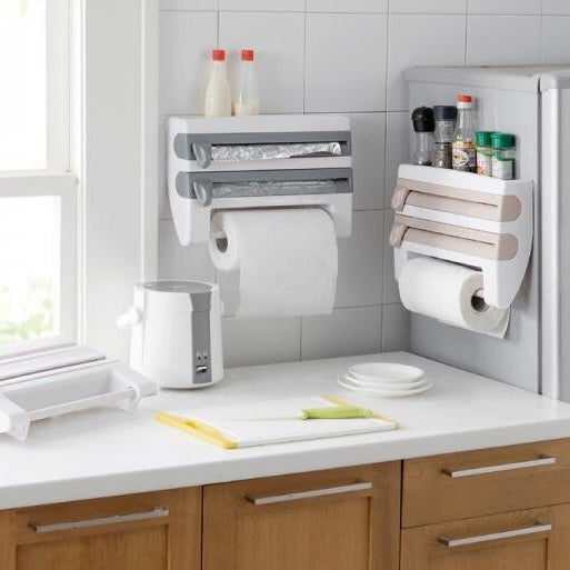 Kitchen Wall Mounted Cling Film Holder Wrap Storage Rack Hanger Rack Cutting Device, Size: 39 x 10 x 24cm, Grey