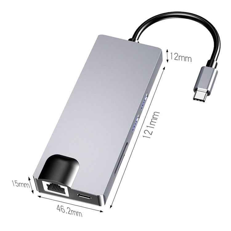 HW-TC12 8 In 1 Type-C / USB-C Multifunctional Extension HUB Adapter Hdmi / Vga Hub Card Reader + Network Card