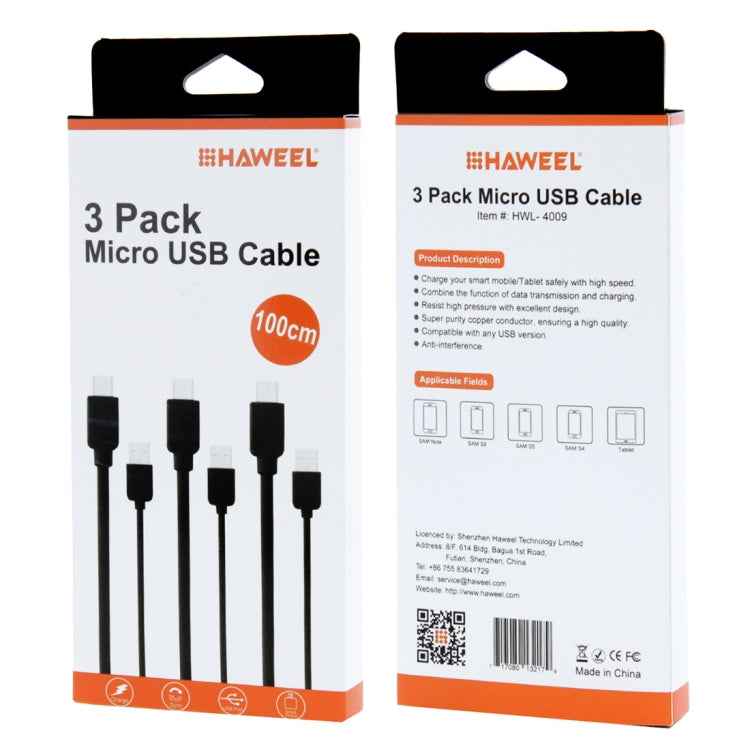 3 PCS HAWEEL 1m High Speed Micro USB to USB Data Sync Charging Cable Kits For Galaxy, Huawei, Xiaomi, LG, HTC and other Smart Phones
