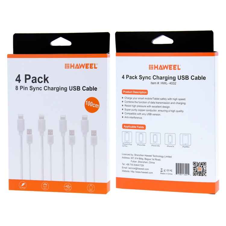 4 PCS HAWEEL 1m High Speed 8 pin to USB Sync and Charging Cable Kit for iPhone, iPad