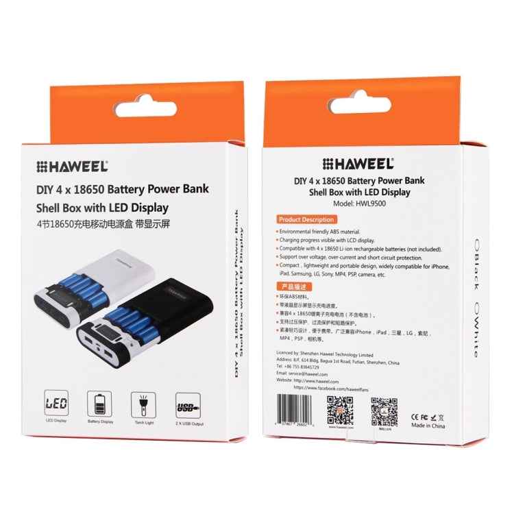 HAWEEL DIY 4 x 18650 Battery (Not Included) 10000mAh Power Bank Shell Box with 2 x USB Output & Display for iPhone, Galaxy, Sony, HTC, Google, Huawei, Xiaomi, Lenovo and other Smartphones
