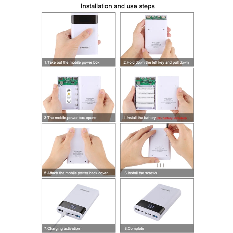 HAWEEL DIY 4x 18650 Battery (Not Included) 12000mAh Dual-way QC Charger Power Bank Shell Box with 2x USB Output & Display,  Support QC 2.0 / QC 3.0 / FCP / SFCP /  AFC / MTK / BC 1.2 / PD