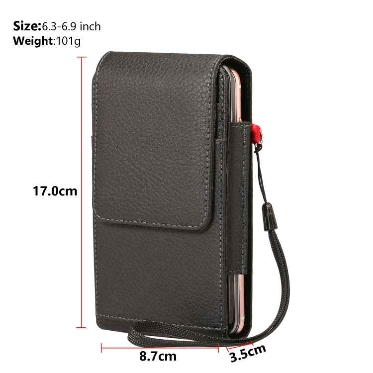 For 6.7 inch and Below Phones Litchi Texture Multifunctional Universal Vertical Flip Upright Double Lattice PU Leather Case Waist Bag with Card Slot & Belt Clip & Lanyard