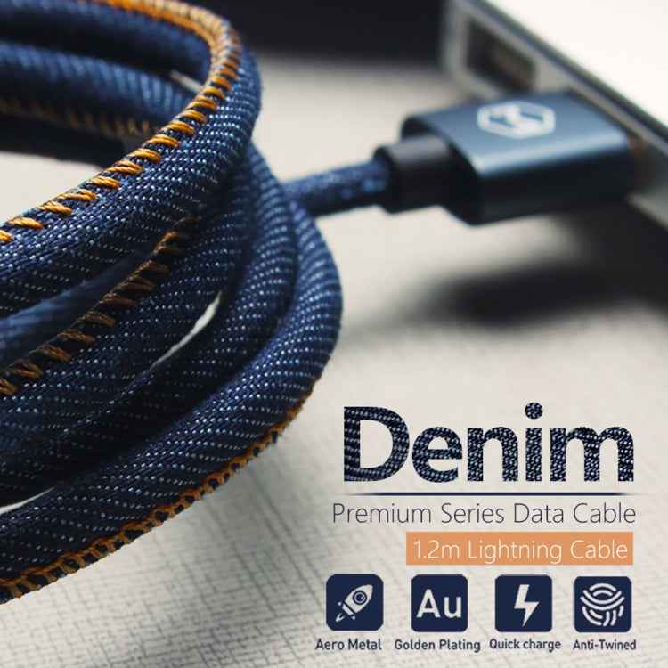 Mcdodo CA-1730 1.2m 2.4A Reversible 8 Pin to USB Denim Cover TPE Jacket Data Sync Charging Cable with Aero Aluminum Head for iPhone, iPad(Denim Blue)