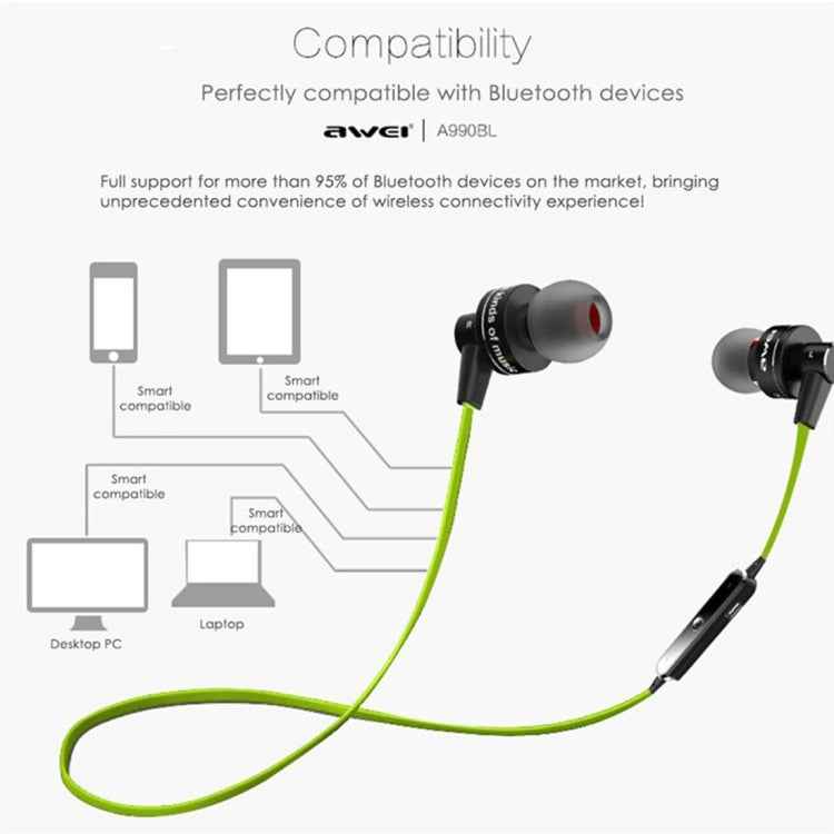 AWEI A990BL Wireless Sport Bluetooth Stereo Earphone with Wire Control + Mic, Support Handfree Call