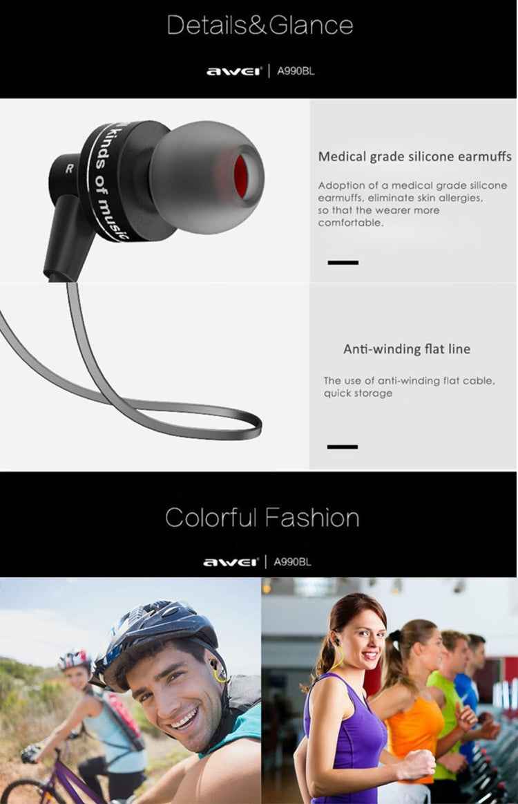 AWEI A990BL Wireless Sport Bluetooth Stereo Earphone with Wire Control + Mic, Support Handfree Call
