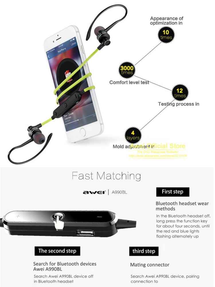 AWEI A990BL Wireless Sport Bluetooth Stereo Earphone with Wire Control + Mic, Support Handfree Call