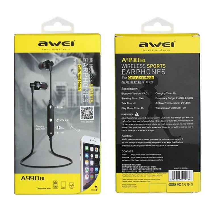 AWEI A990BL Wireless Sport Bluetooth Stereo Earphone with Wire Control + Mic, Support Handfree Call
