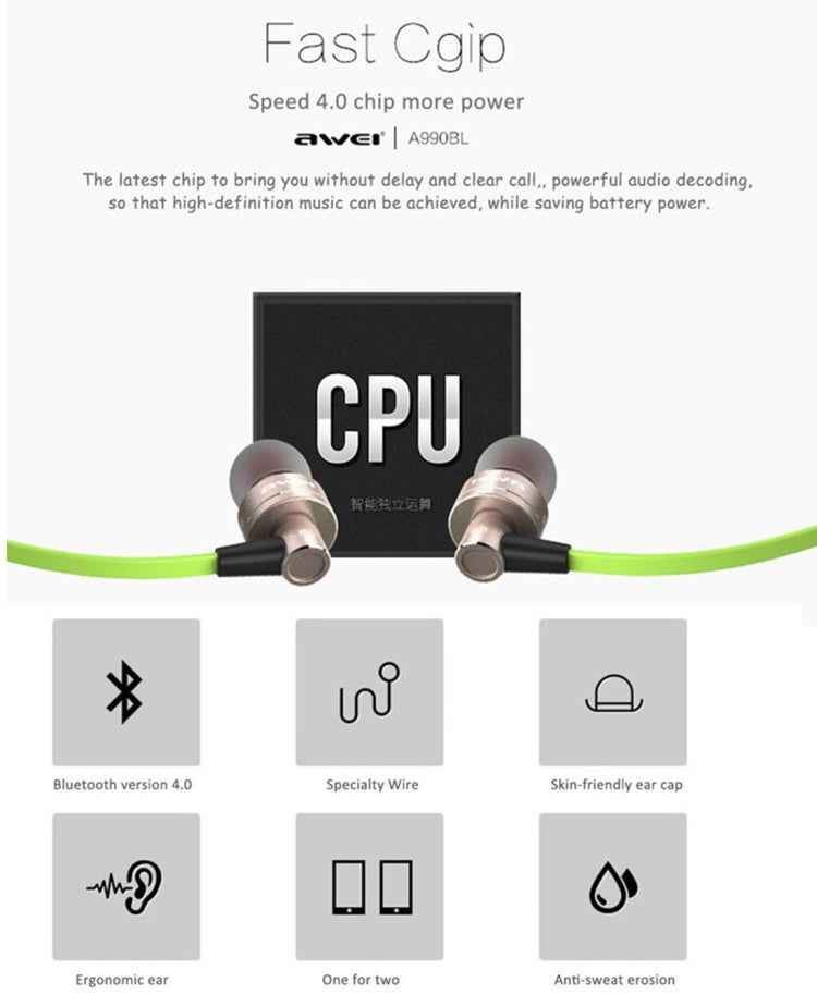 AWEI A990BL Wireless Sport Bluetooth Stereo Earphone with Wire Control + Mic, Support Handfree Call