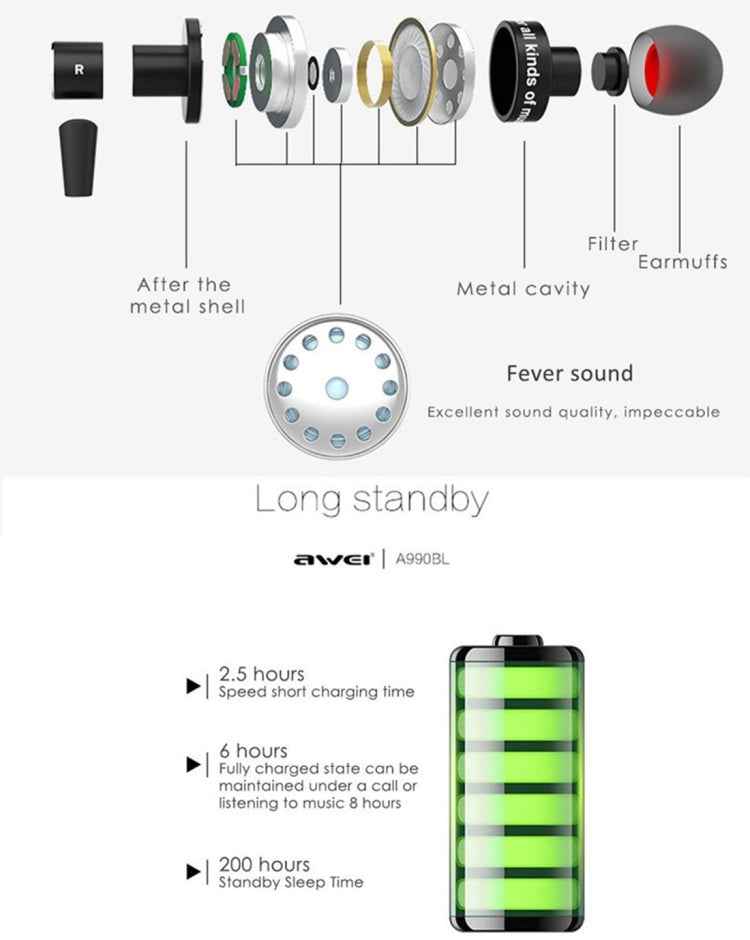 AWEI A990BL Wireless Sport Bluetooth Stereo Earphone with Wire Control + Mic, Support Handfree Call
