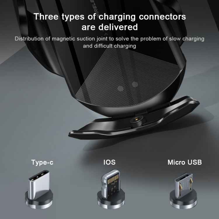 Q2 15W Universal Rotation Infrared Induction Magnetic Car Wireless Charging Mobile Phone Holder with Micro USB + 8 Pin + Type-C / USB-C Magnetic Connector