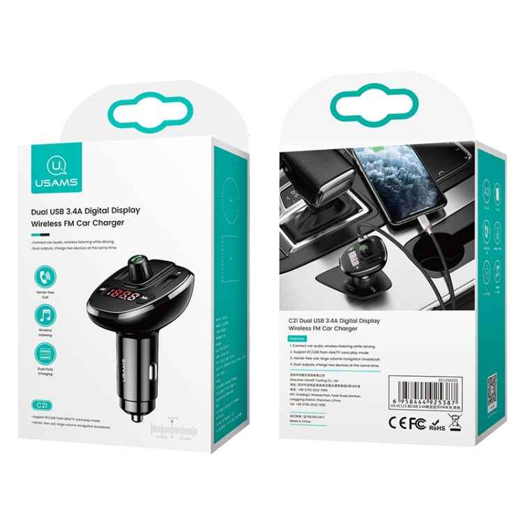 USAMS US-CC115 C21 Dual USB 3.4A Digital Display Wireless FM Car Charger