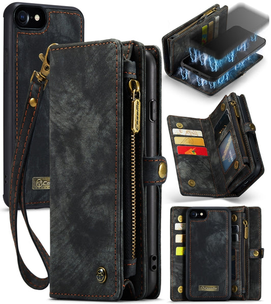 CaseMe for  iPhone 8 & 7  Multifunctional Leather Billfold with Detachable Magnetic PC Back Protective Case & Holder & 10 Card Slots & 3 Cash Slots & 1 Zipper Wallet & 2 Photo Frames & 3 Magnetic Clasps