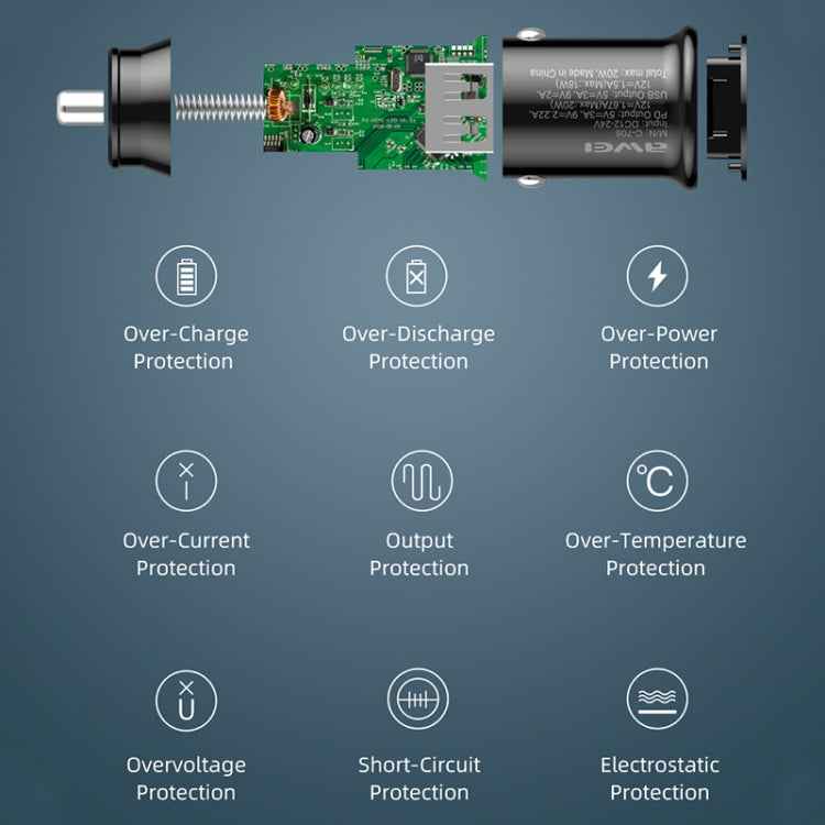 awei C-706 20W PD Type-C + QC 3.0 Type-A Car Charger with CL-110T Data Cable