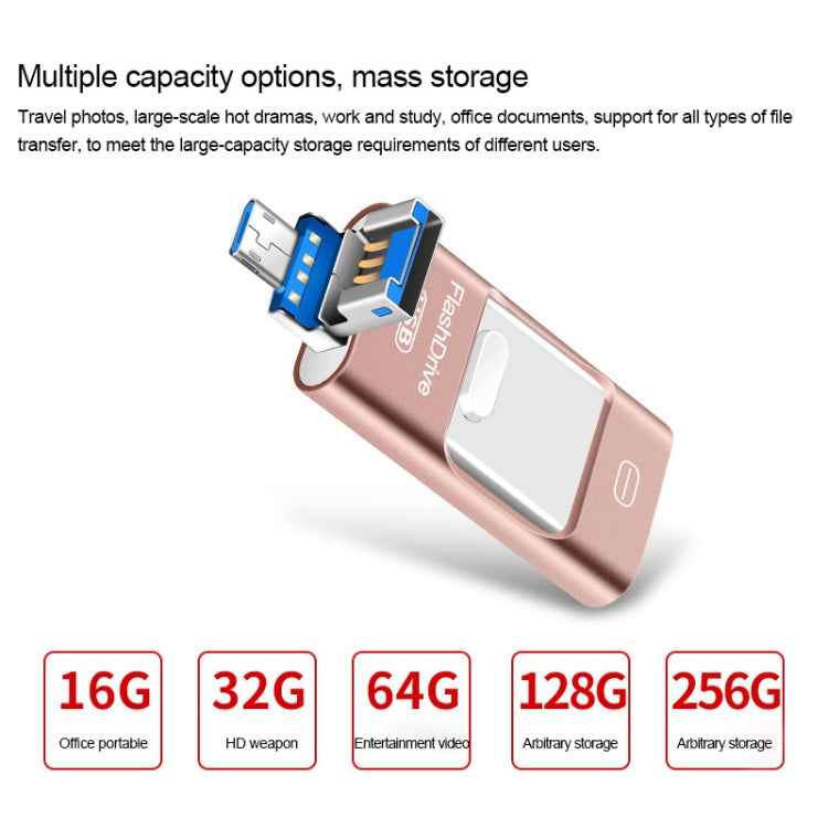 64GB USB 3.0 + 8 Pin + Mirco USB Android iPhone Computer Dual-use Metal Flash Drive