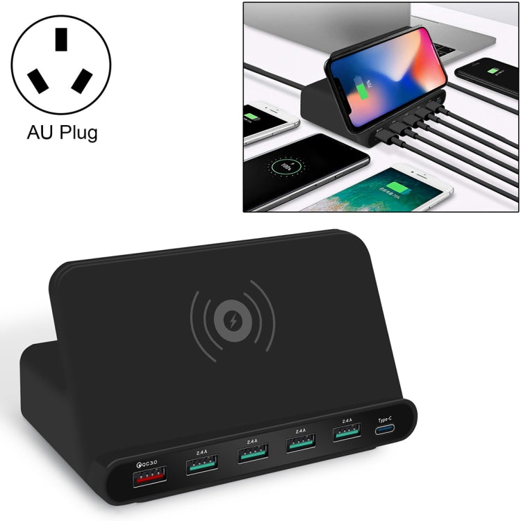 828W 7 in 1 60W QC 3.0 USB Interface + 4 USB Ports + USB-C / Type-C Interface + Wireless Charging Multi-function Charger with Mobile Phone Holder Function, AU Plug, AU Plug White, AU Plug Black