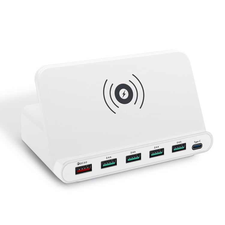 828W 7 in 1 60W QC 3.0 USB Interface + 4 USB Ports + USB-C / Type-C Interface + Wireless Charging Multi-function Charger with Mobile Phone Holder Function, AU Plug, AU Plug White, AU Plug Black