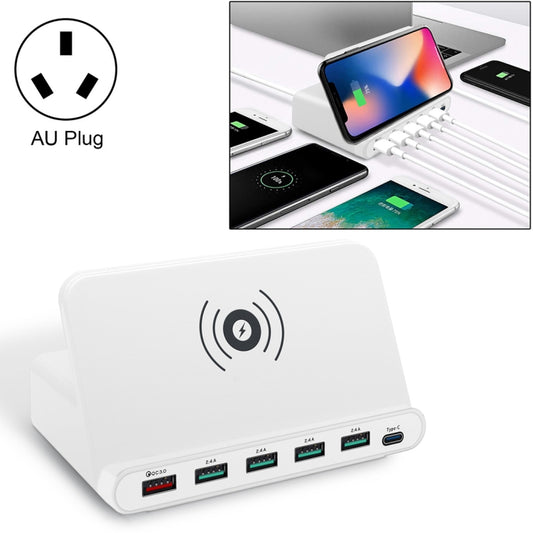 828W 7 in 1 60W QC 3.0 USB Interface + 4 USB Ports + USB-C / Type-C Interface + Wireless Charging Multi-function Charger with Mobile Phone Holder Function, AU Plug, AU Plug White, AU Plug Black