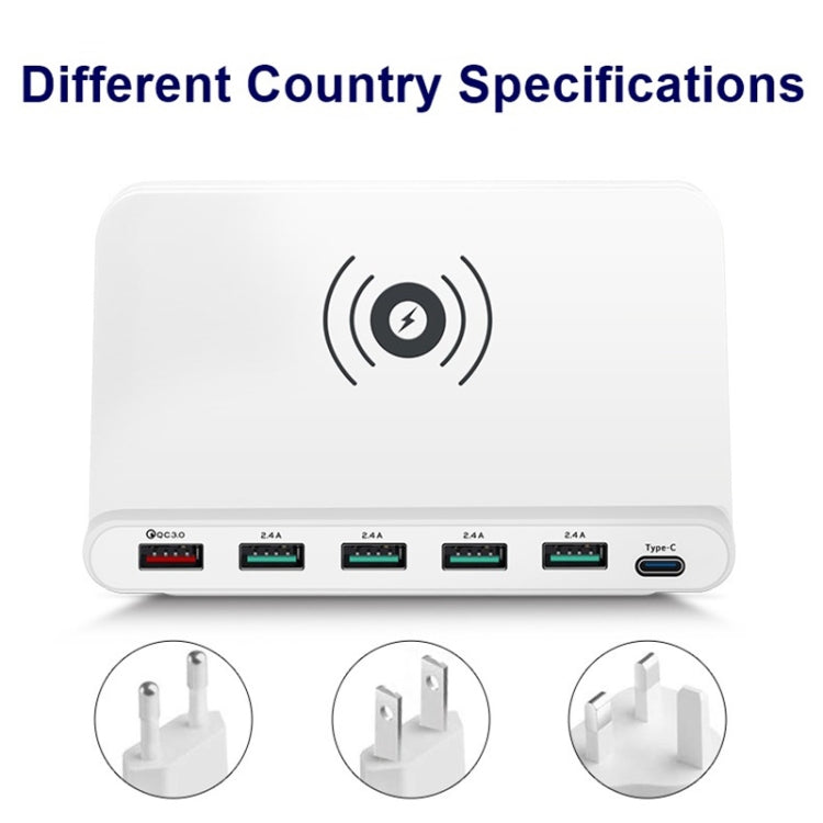 828W 7 in 1 60W QC 3.0 USB Interface + 4 USB Ports + USB-C / Type-C Interface + Wireless Charging Multi-function Charger with Mobile Phone Holder Function, AU Plug, AU Plug White, AU Plug Black