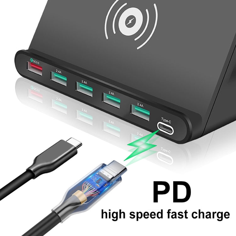 828W 7 in 1 60W QC 3.0 USB Interface + 4 USB Ports + USB-C / Type-C Interface + Wireless Charging Multi-function Charger with Mobile Phone Holder Function, AU Plug, AU Plug White, AU Plug Black