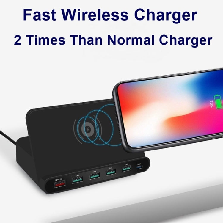 828W 7 in 1 60W QC 3.0 USB Interface + 4 USB Ports + USB-C / Type-C Interface + Wireless Charging Multi-function Charger with Mobile Phone Holder Function, AU Plug, AU Plug White, AU Plug Black