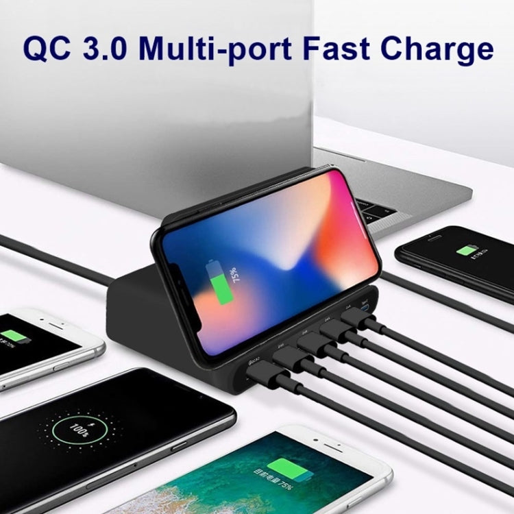 828W 7 in 1 60W QC 3.0 USB Interface + 4 USB Ports + USB-C / Type-C Interface + Wireless Charging Multi-function Charger with Mobile Phone Holder Function, AU Plug, AU Plug White, AU Plug Black