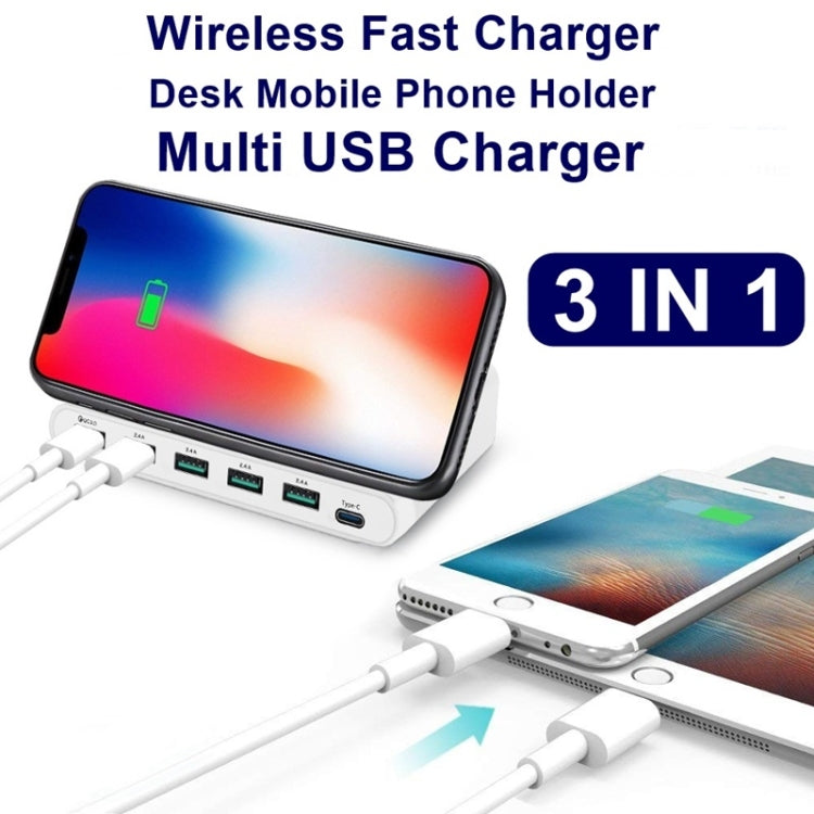 828W 7 in 1 60W QC 3.0 USB Interface + 4 USB Ports + USB-C / Type-C Interface + Wireless Charging Multi-function Charger with Mobile Phone Holder Function, UK Plug, UK Plug White, UK Plug Black