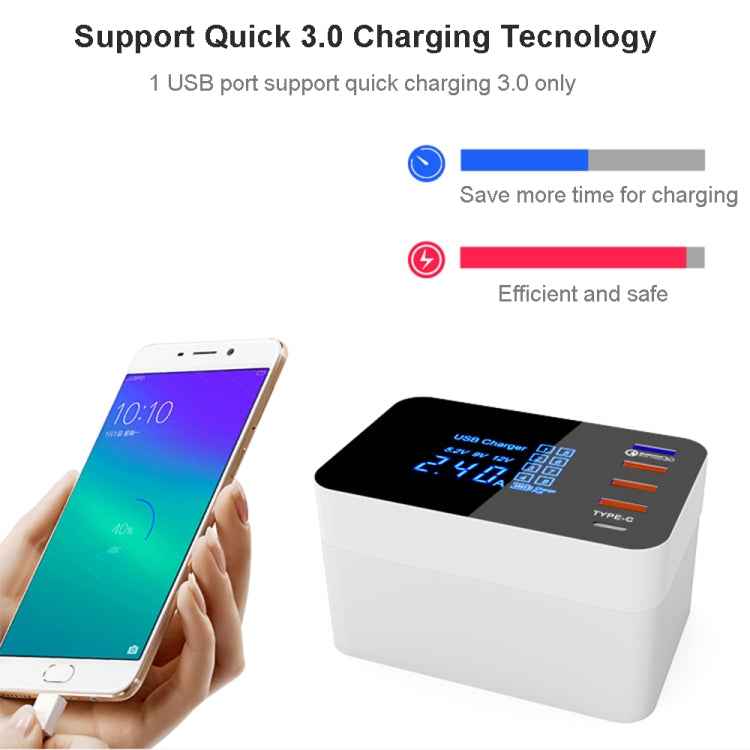 CDA33Q 40W QC 3.0 USB + 3 USB Ports + USB-C / Type-C Ports Multi-function Charger with LED Display, UK Plug