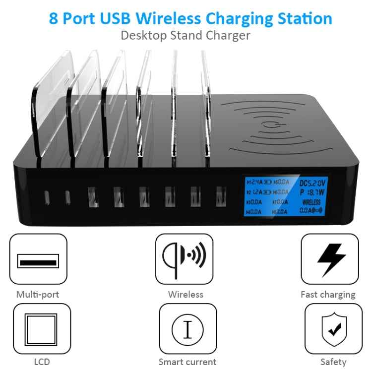 50W 6 USB Ports + 2 USB-C / Type-C Ports + Wireless Charging Multi-function Charger with LED Display & Detachable Bezel, AU Plug