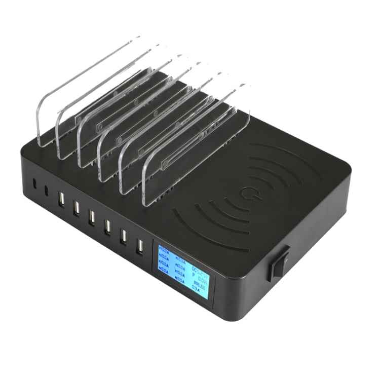 50W 6 USB Ports + 2 USB-C / Type-C Ports + Wireless Charging Multi-function Charger with LED Display & Detachable Bezel, US Plug