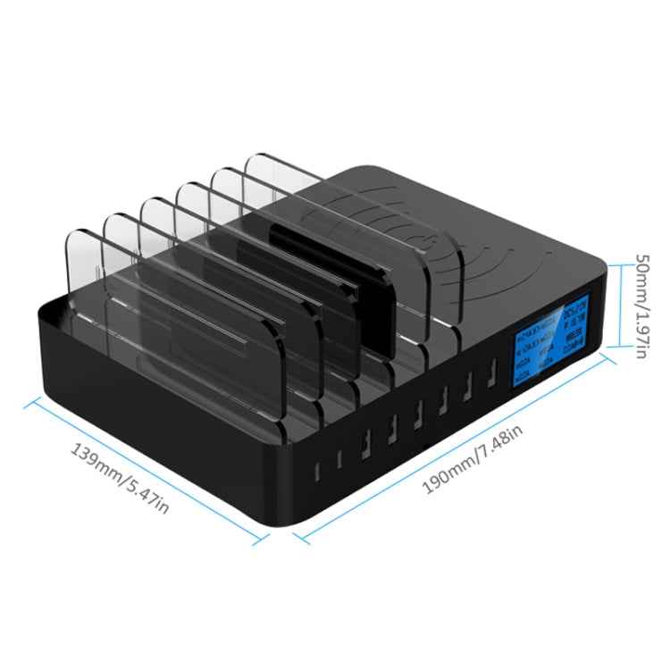 50W 6 USB Ports + 2 USB-C / Type-C Ports + Wireless Charging Multi-function Charger with LED Display & Detachable Bezel, US Plug