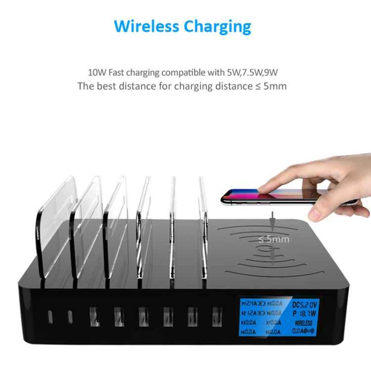 50W 6 USB Ports + 2 USB-C / Type-C Ports + Wireless Charging Multi-function Charger with LED Display & Detachable Bezel, US Plug