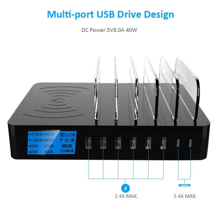 50W 6 USB Ports + 2 USB-C / Type-C Ports + Wireless Charging Multi-function Charger with LED Display & Detachable Bezel, US Plug