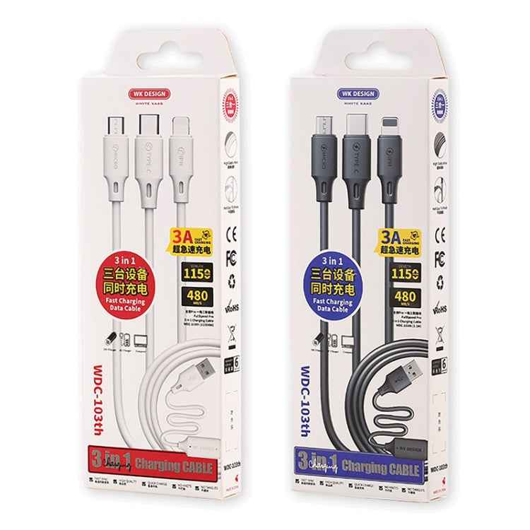 WK WDC-103 3A 3 In 1 8 Pin + Micro USB + Type-C / USB-C Fullspeed Pro Charging Data Cable, Length: 1.15m