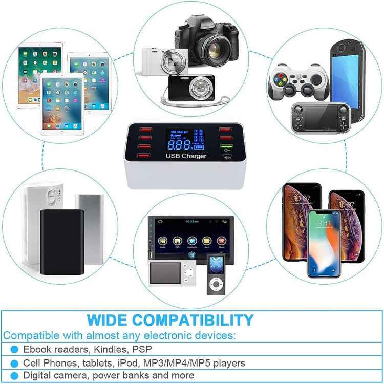 A9 Plus (Global Version) Multi-function AC 100V~240V 8 Ports USB Digital Display LCD Detachable Charging Station Smart Charger with Wireless Charger,Support QC3.0
