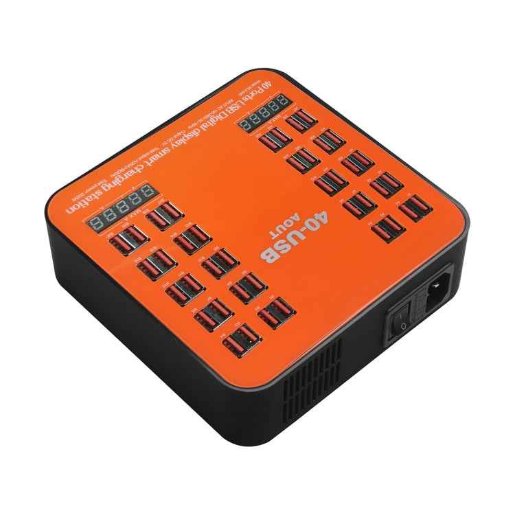 WLX-840 200W 40 Ports USB Digital Display Smart Charging Station AC100-240V, UK Plug (Black+Orange)