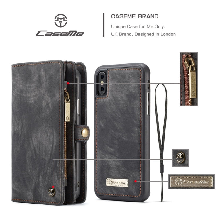 For iPhone X / XS CaseMe-008 TPU + PC Magnetic Absorption Detachable Back Cover Horizontal Flip Leather Case with Holder & Card Slots & Zipper Wallet & Photo Frame