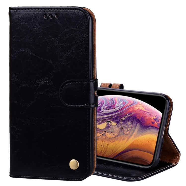 Étui à rabat horizontal en cuir pour iPhone XS Max, style professionnel, texture huile-cire, avec support, emplacements pour cartes et portefeuille.