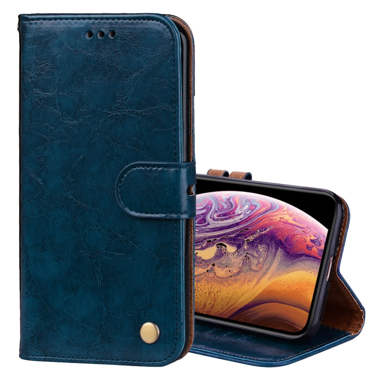 Étui à rabat horizontal en cuir pour iPhone XS Max, style professionnel, texture huile-cire, avec support, emplacements pour cartes et portefeuille.