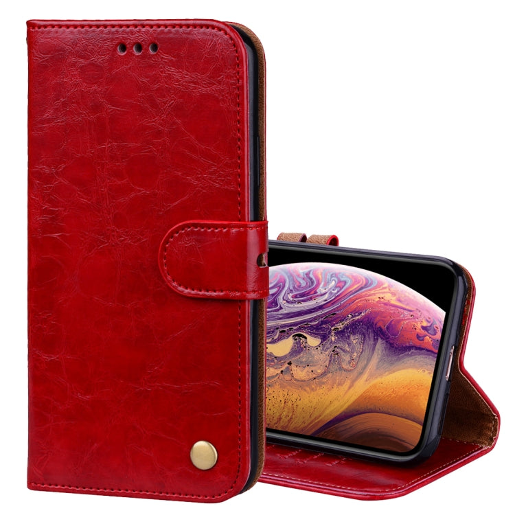 Étui à rabat horizontal en cuir pour iPhone XS Max, style professionnel, texture huile-cire, avec support, emplacements pour cartes et portefeuille.