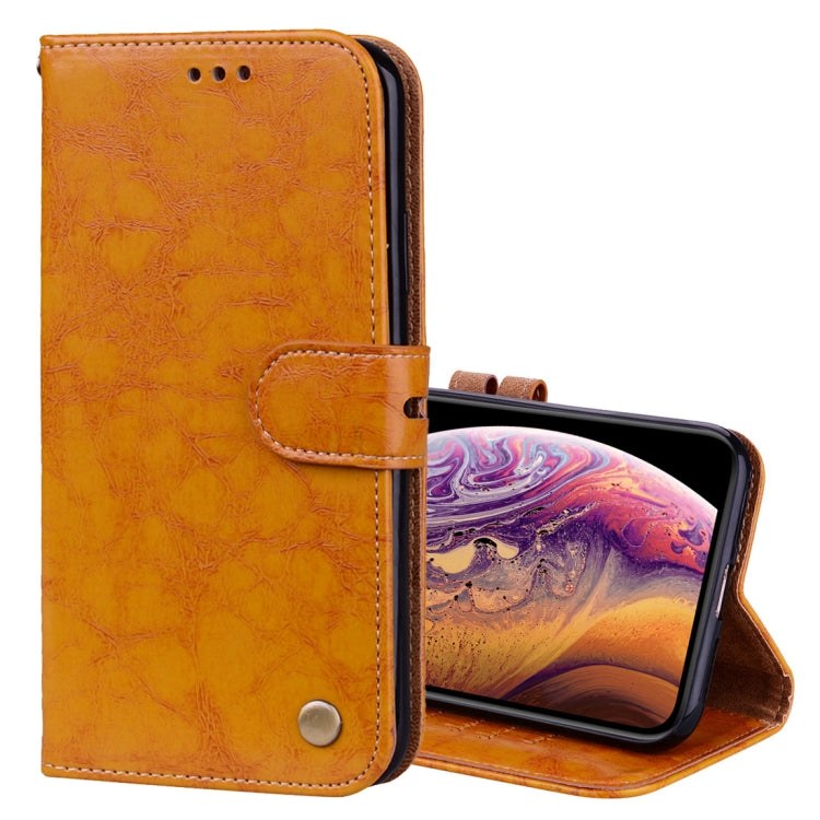 Étui à rabat horizontal en cuir pour iPhone XS Max, style professionnel, texture huile-cire, avec support, emplacements pour cartes et portefeuille.