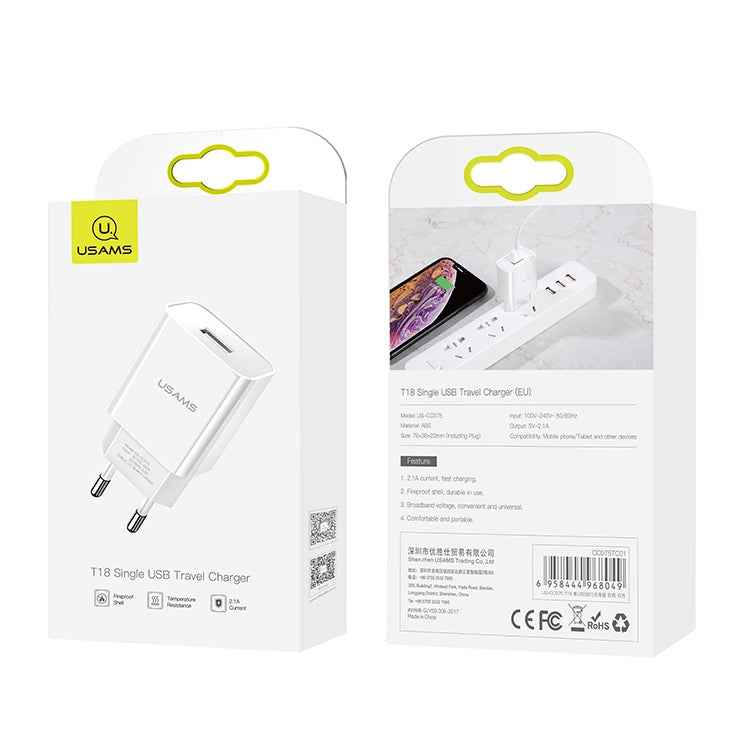 USAMS US-CC075 T18 2.1A Single USB Travel Charger, EU Plug