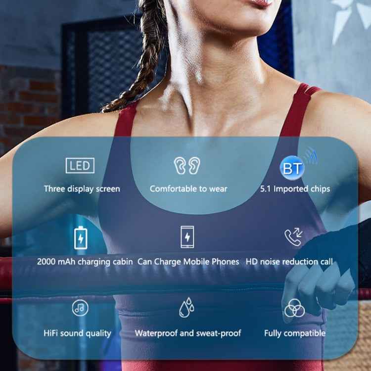 A13 TWS CVC8.0 and DSP Dual Noise Cancelling Touch Bluetooth Earphone with Charging Box, Support LED Digital Display & Clock & Flashlight & HD Call & Siri & Power Bank