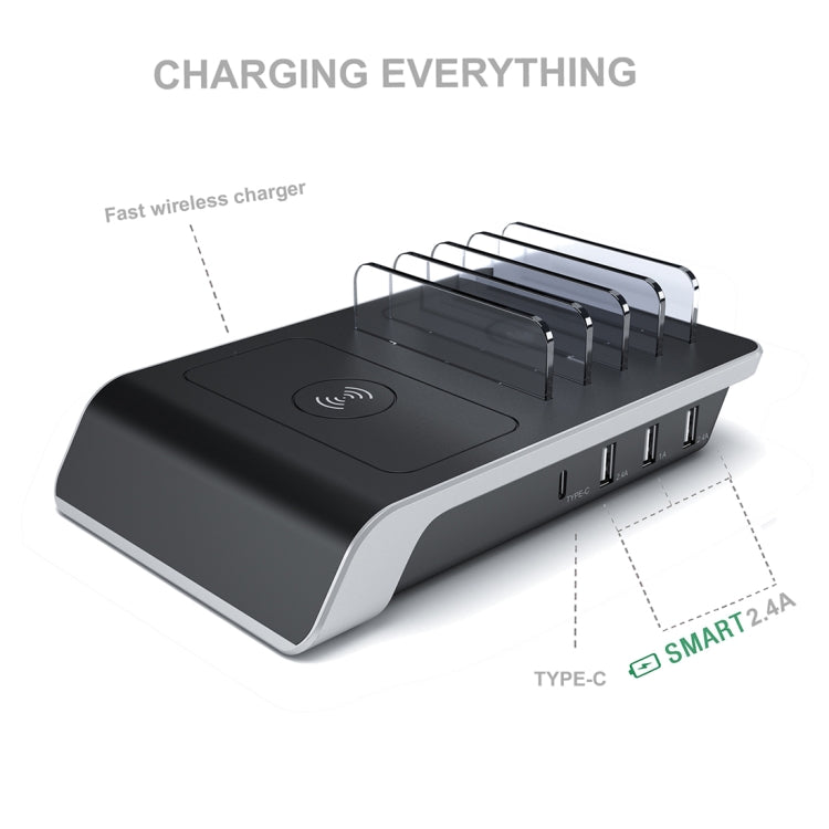 UD09 4 USB Ports Qi Standard Wireless Charger Phone Desktop Stand Holder, EU Plug, EU Plug