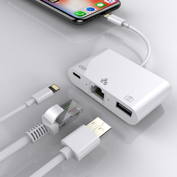 8 Pin to RJ45 1000Mbps Network Adapter + Charging Port + Camera USB Read Multi-function Converter, 1000Mbps