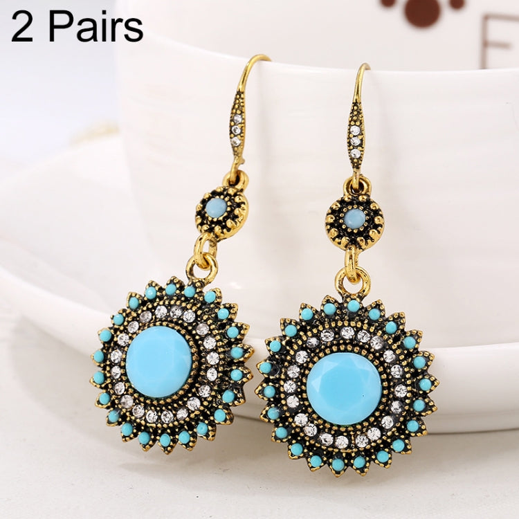 2 Pairs Ethnic Sun Flower Style Rhinestone Earrings Long Earbobs
